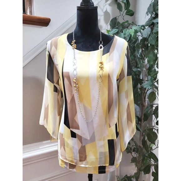 JM Collection Women Yellow Polyester Round Neck Long Sleeve Pullover Shirt Small - Picture 10 of 10